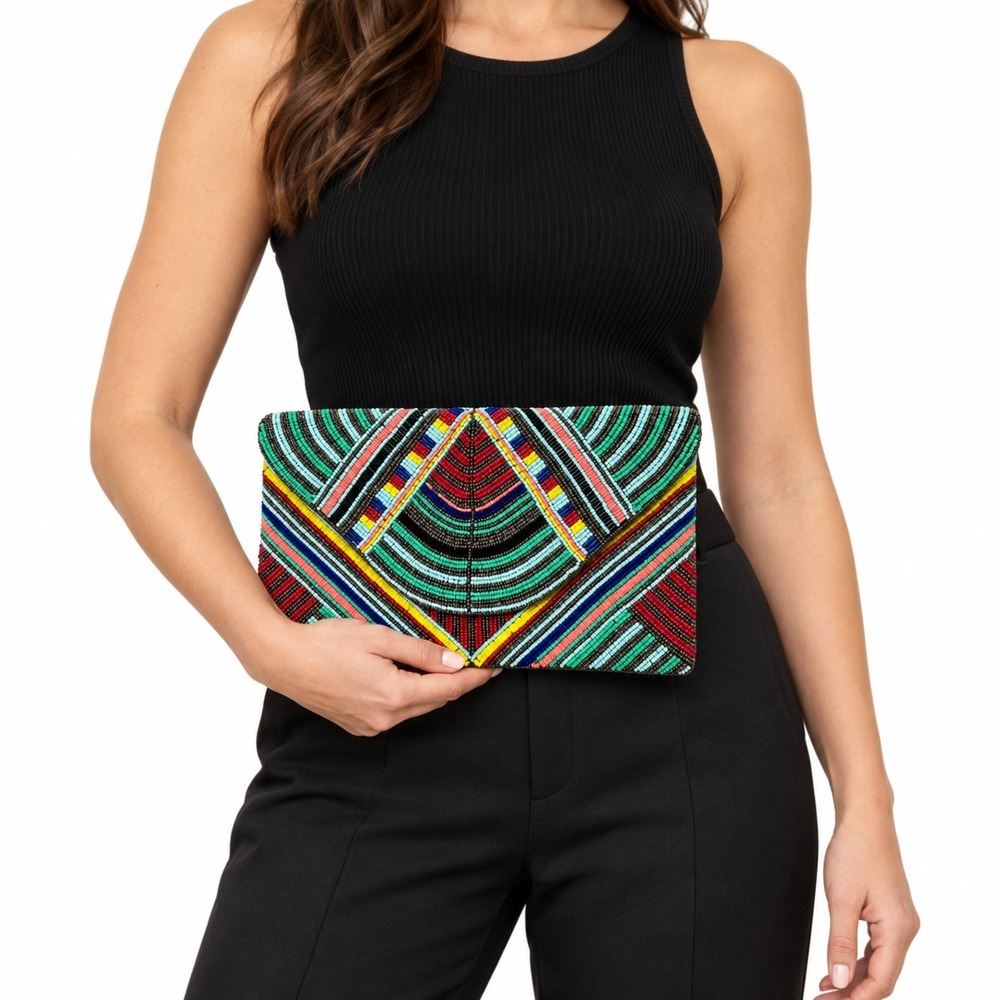 Beaded Clutch Bag Womens OS Multicolor Geometric Chevron Evening Bag